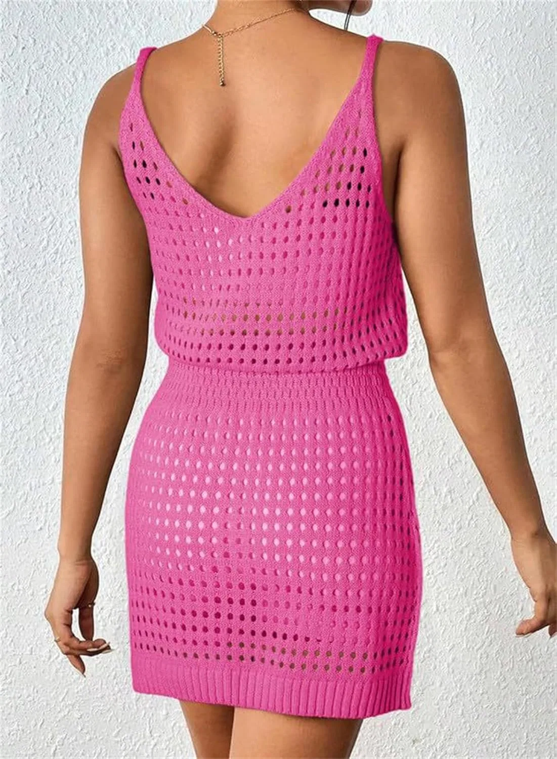 Женское пляжное платье вязаное крючком с вырезами, Hot Pink — фото 3