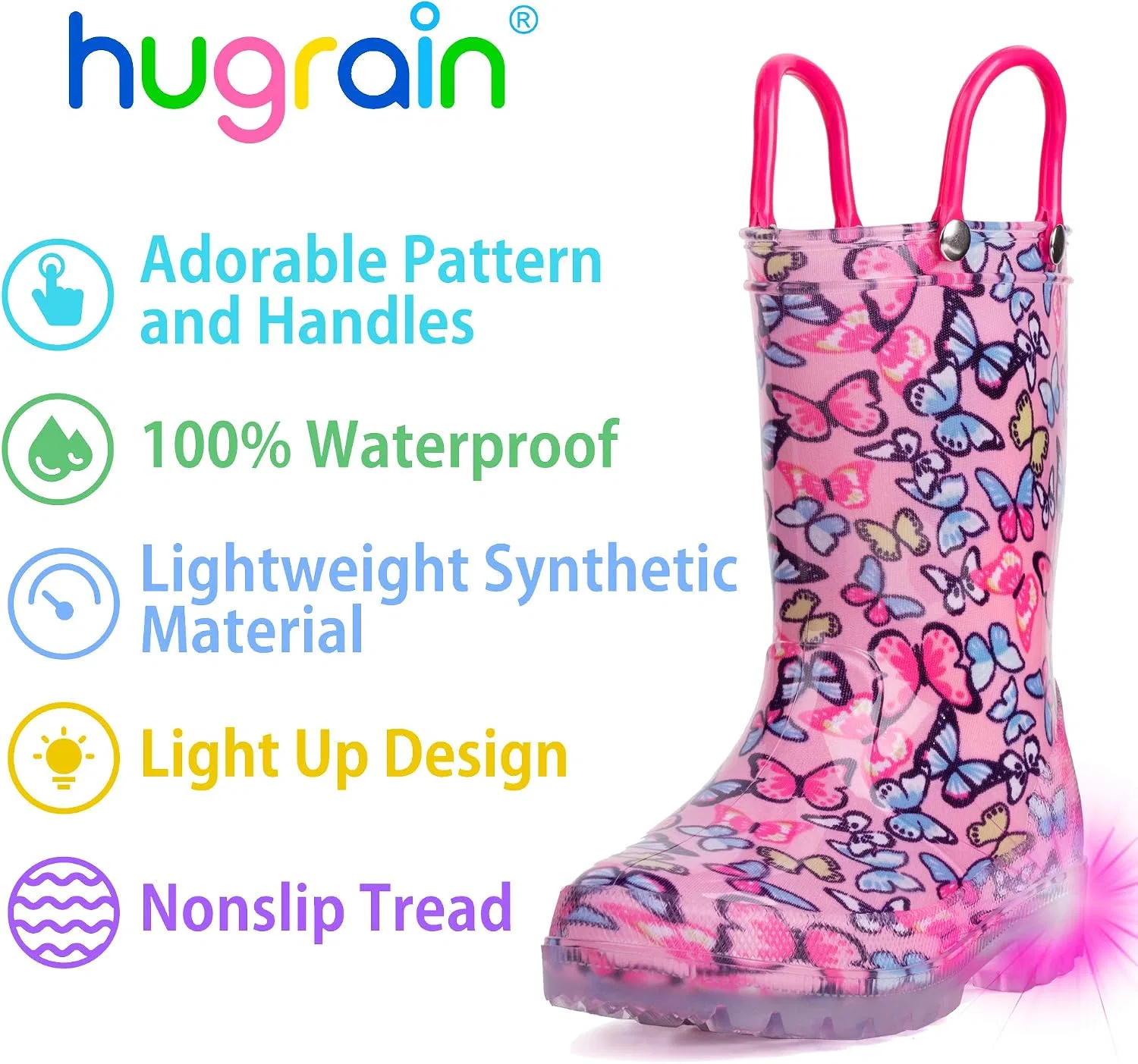 Детские резиновые сапоги со светящейся подошвой для девочек HugRain, Butterfly Pink — фото 3