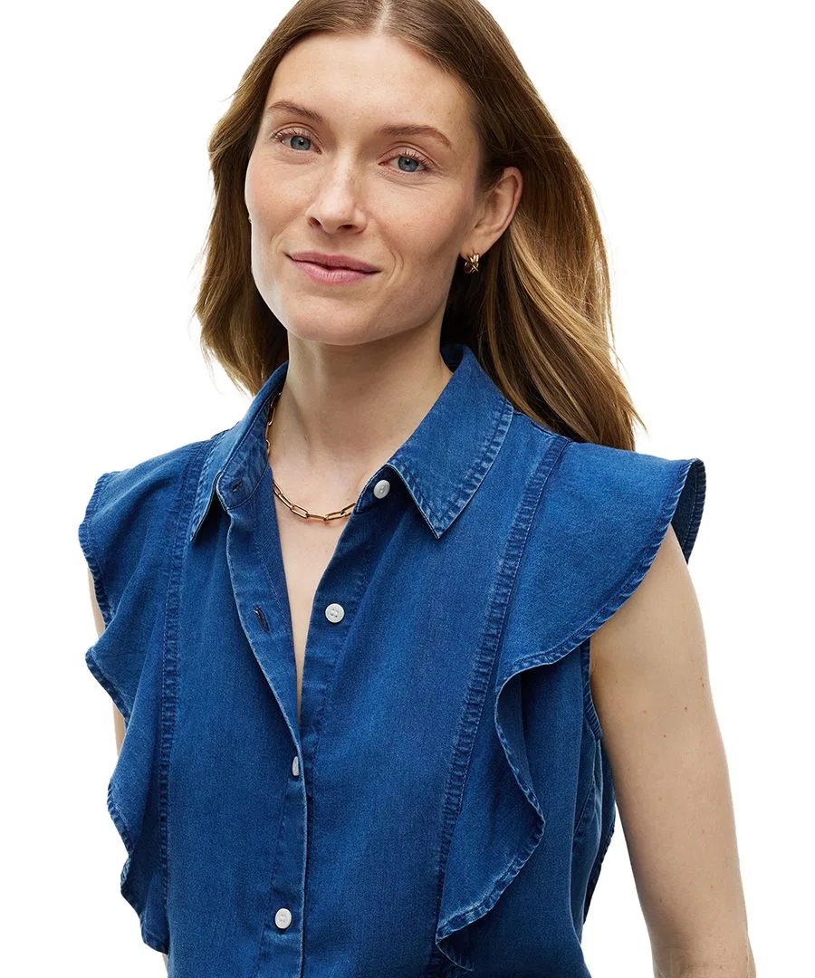 Женская рубашка без рукавов с рюшами Chambray Frill Sleeveless Button-Front Tommy Hilfiger, Mid Blue — фото 2