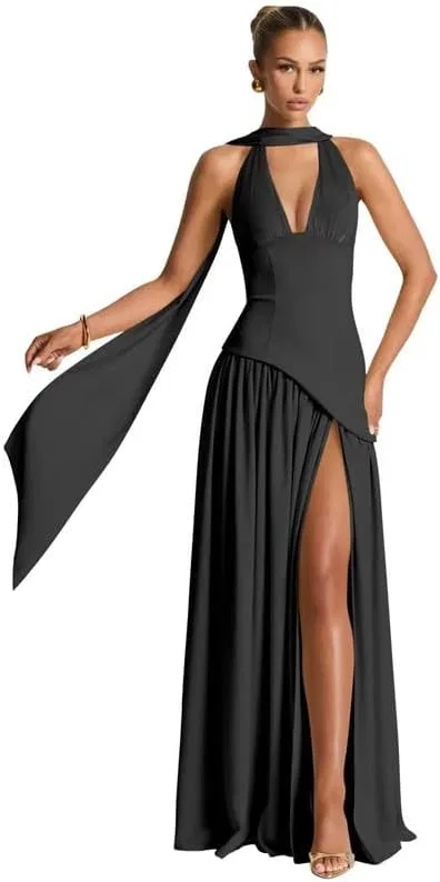 Женское длинное платье из шифона с разрезом, Black