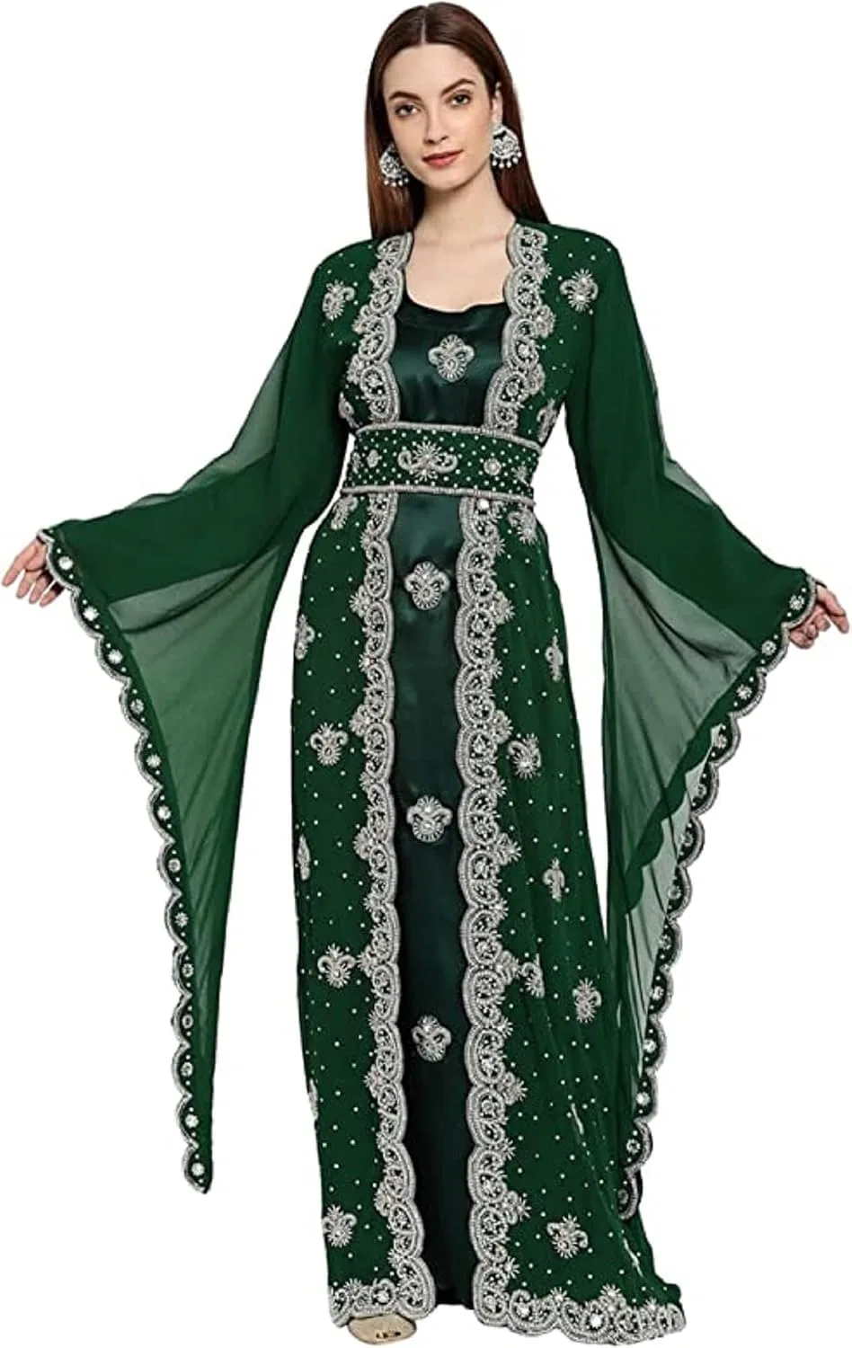 Женский кафтан с ручной вышивкой ZARDOZI Art, Green