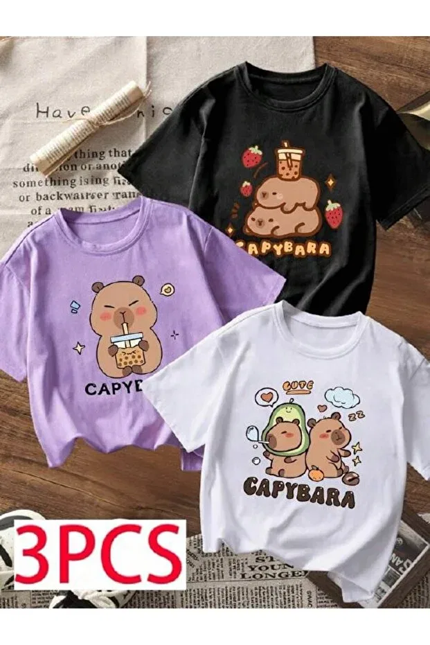 Детский комплект футболок для девочек с принтом Cute Capybara Patterned T-Shirt Genosha, Multicolor