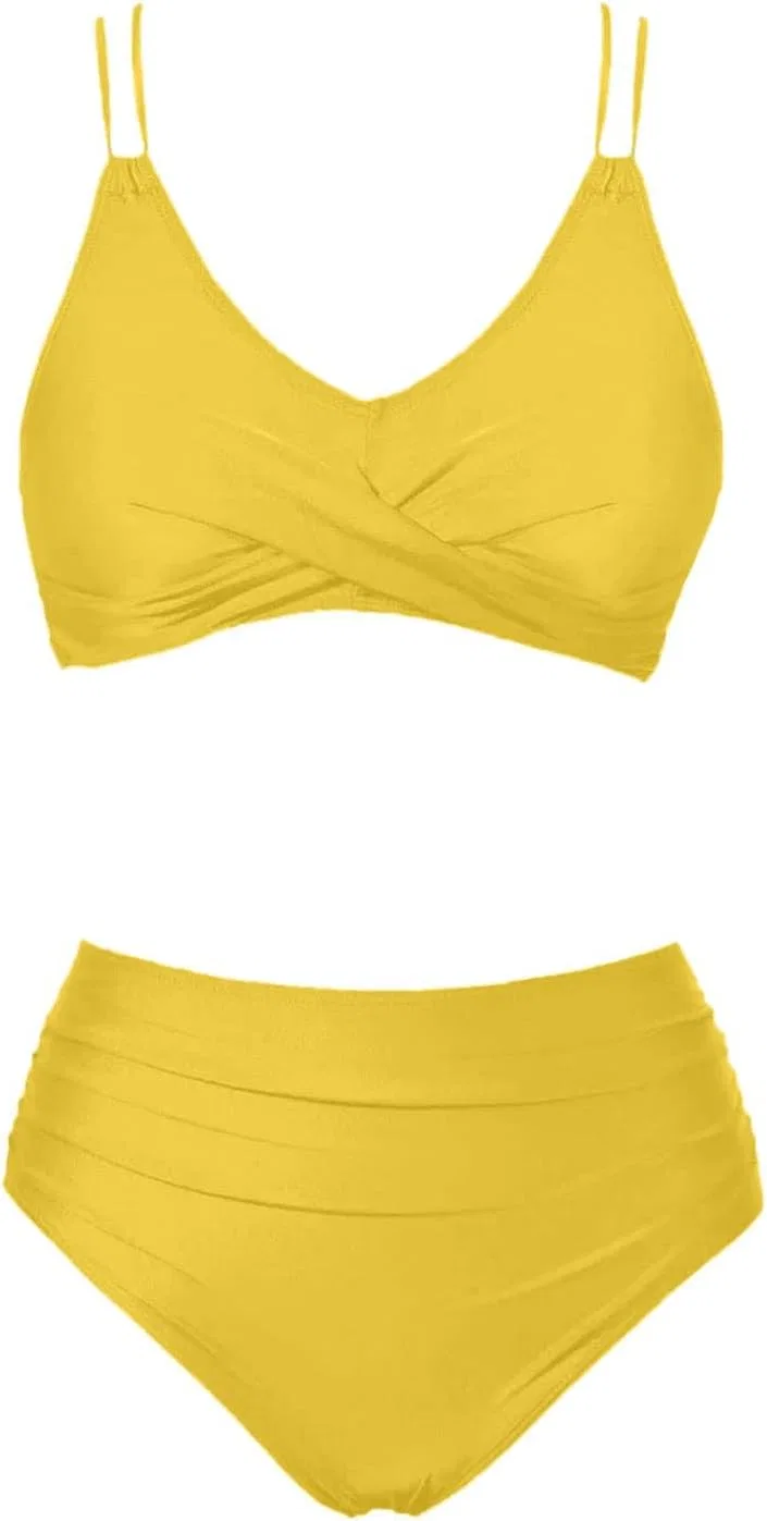 Женский купальный костюм с высокой талией, Solid Color, Yellow — фото 3