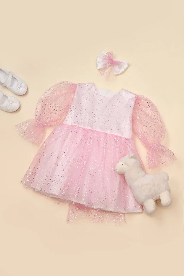 Детское платье для девочек с принтом Star Printed Sparkly Pink Tulle Dress Buckle Set Generic Brands, Pink — фото 4