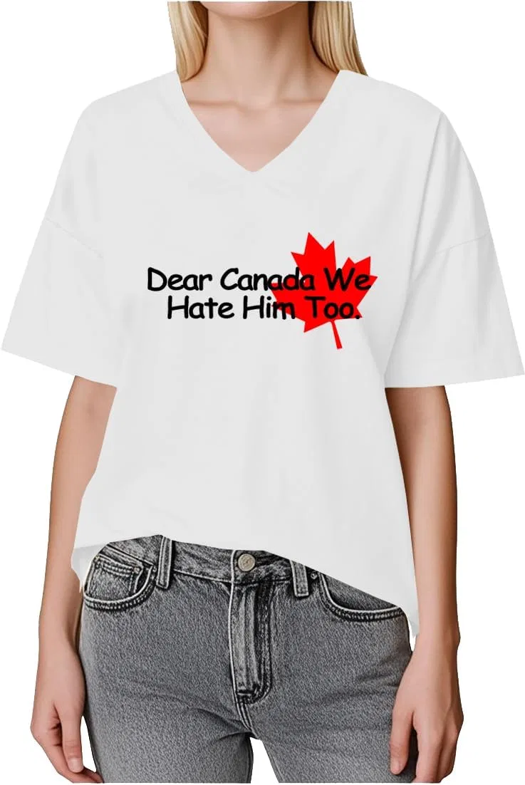 Мужская футболка с принтом V-образным вырезом Dear Canada We Hate Him Too, White
