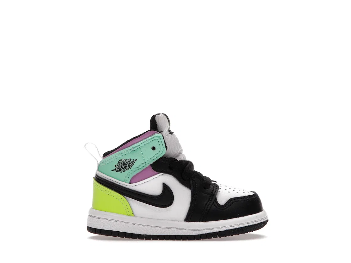 Детские кроссовки с высоким берцем Jordan 1 Mid Pastel Black Toe Jordan, White/Black-Volt-Green Glow