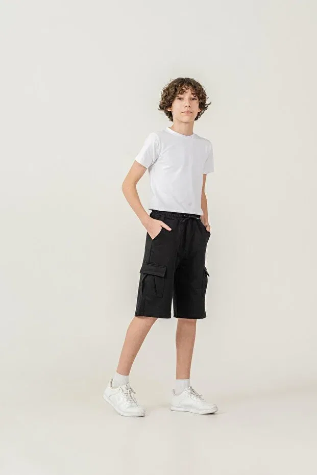 Детские шорты для мальчиков с принтом Double Cargo Pockets Left Pocket Cover Mışıl Kids, Black — фото 2