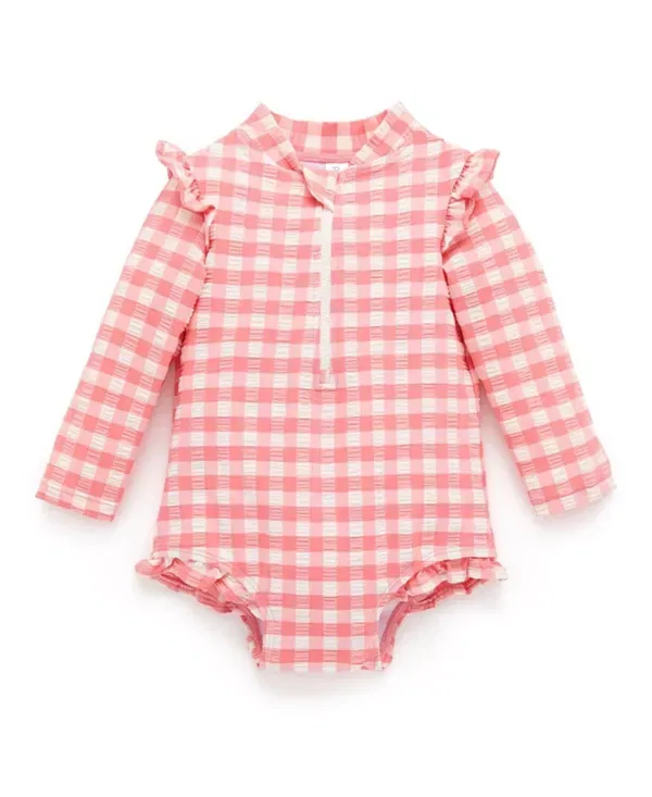 Детский купальник для девочек с длинным рукавом Frilly Long Sleeve Swimsuit Purebaby, Pomegranate Gingham