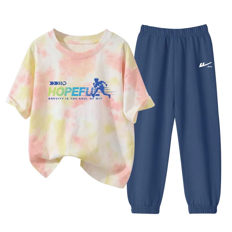 Детский комплект спортивной одежды с принтом Gradient Running, Huili Small K WARRIOR, Pink Yellow/H Gradient Running-Navy Blue/H White