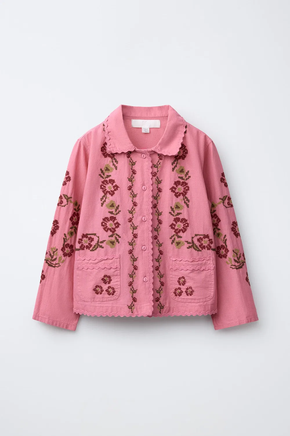 Хлопковая льняная рубашка с вышивкой крестиком ZARA, Chalk Pink