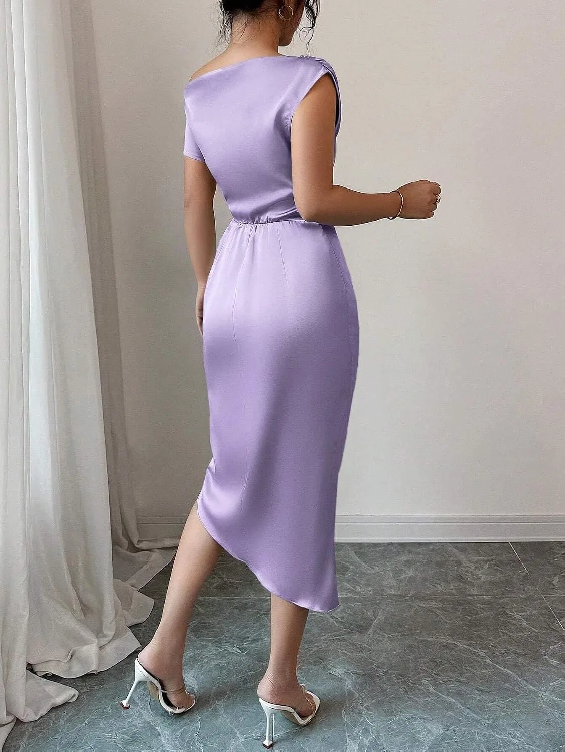 Женское элегантное платье миди с асимметричным вырезом, Purple — фото 3