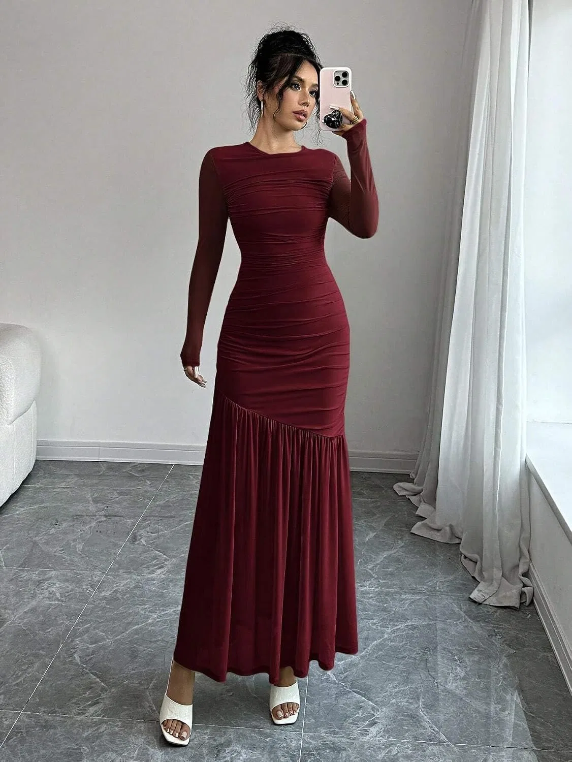 Женское облегающее платье макси с асимметричным воротником, Burgundy — фото 4