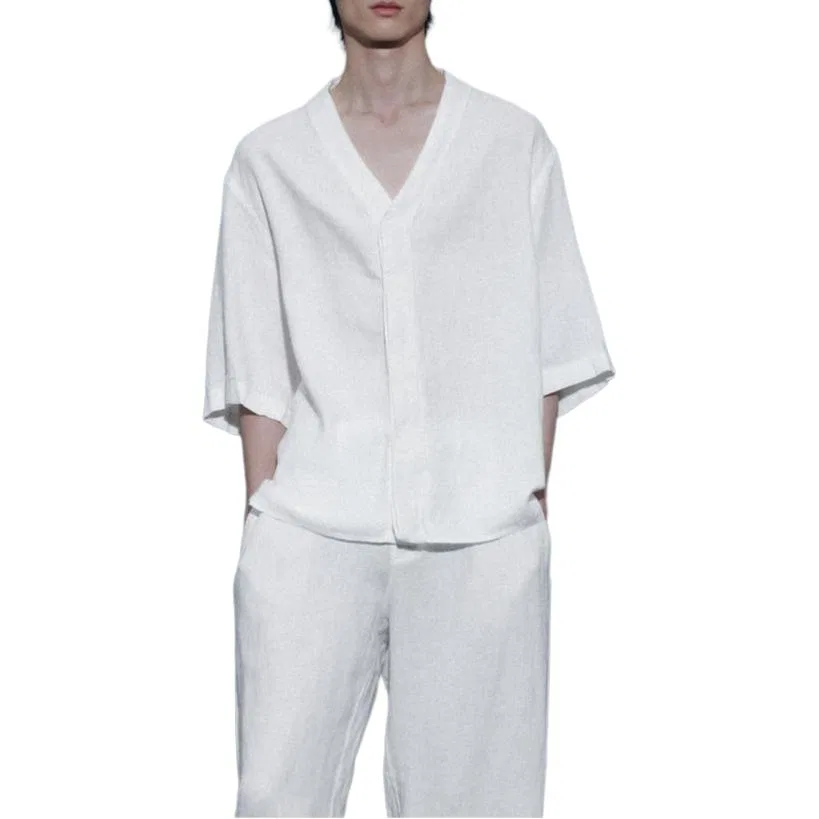 Мужская рубашка с V-образным вырезом White ZARA, Белый — фото 4