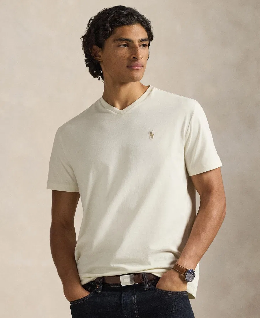Мужская футболка V-образным вырезом Classic-Fit с вышитой эмблемой Polo Ralph Lauren, Parchment Cream