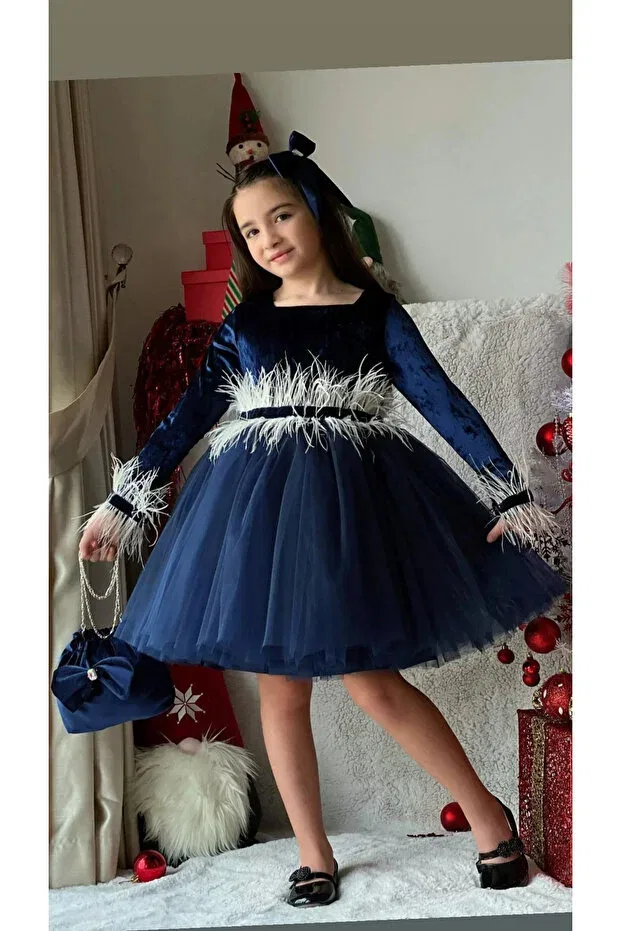 Детское платье из велюра с длинным рукавом Miniklerin Dünyası, Navy Blue