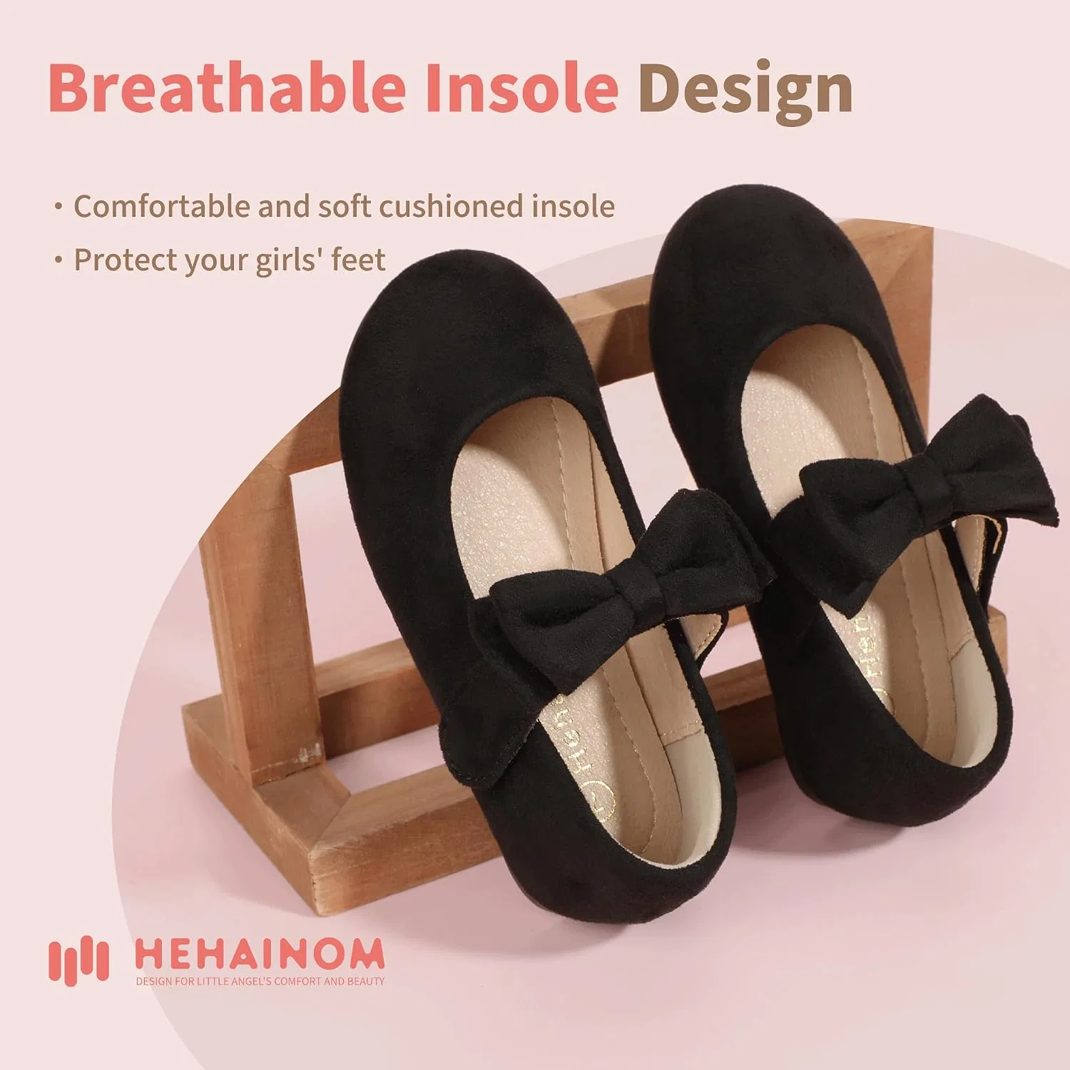 Детские балетки для девочек с цветочным принтом Hehainom, Black Suede — фото 4
