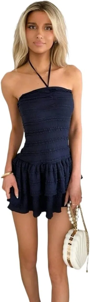 Женское летнее мини-платье с завязками на талии, Navy Blue