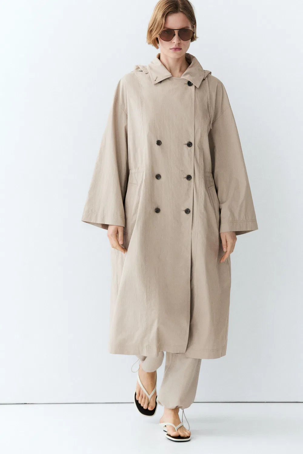 Тренч Massimo Dutti Cotton Blend Technical, жемчужно-серый — фото 3