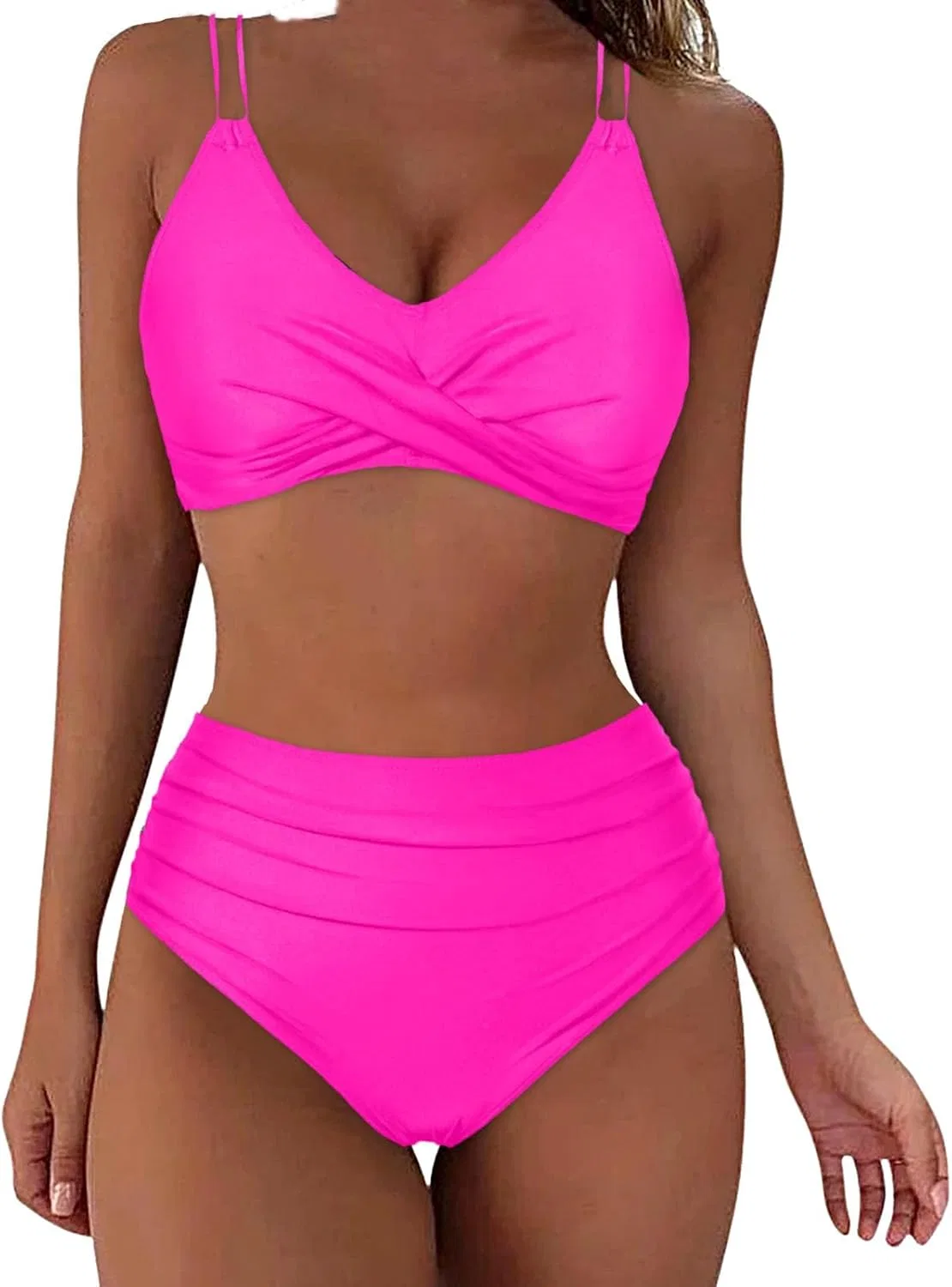 Женский бикини-сет с завышенной талией и перекрестным топом, Hot Pink