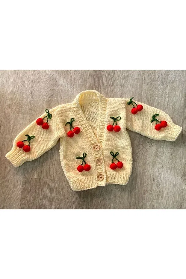 Детский кардиган для девочек хлопковый Hand knitted cherry baby cardigan Hobihanem Tuhafiye, Cherry Cream — фото 2