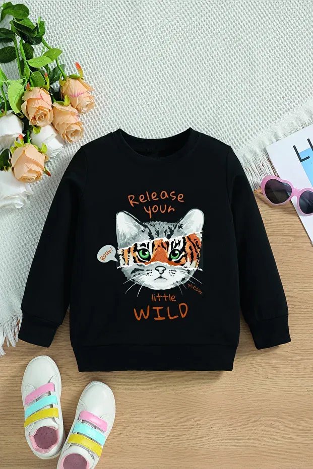 Детские свитшот для девочек с принтом Premium Your Little Wild Oversize Kids Myada, Black