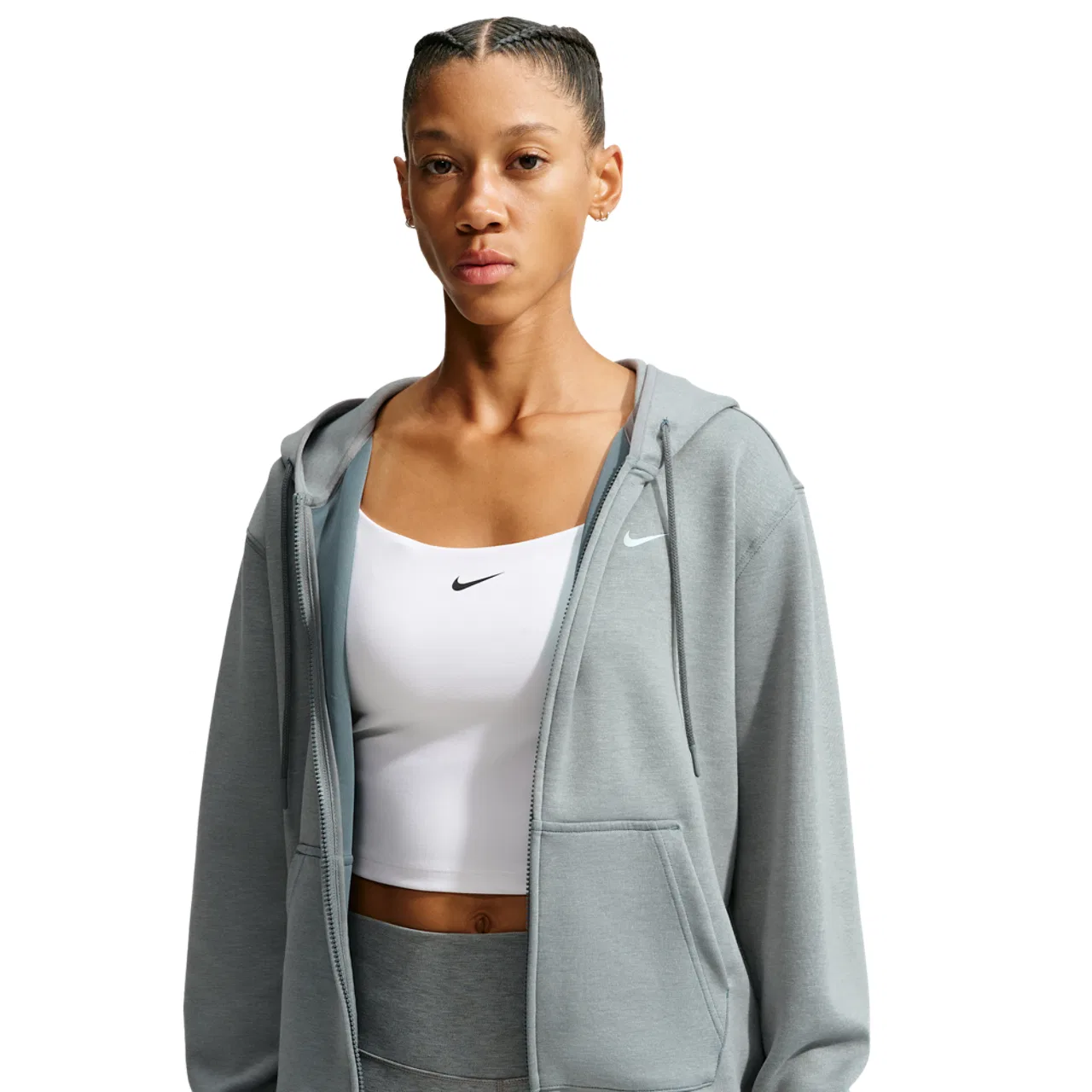 Женское худи на молнии с влагоотводящей технологией Dri-FIT Studio Fleece Sport Full Zip Hoodie Nike, Heather/Smoke Grey/White