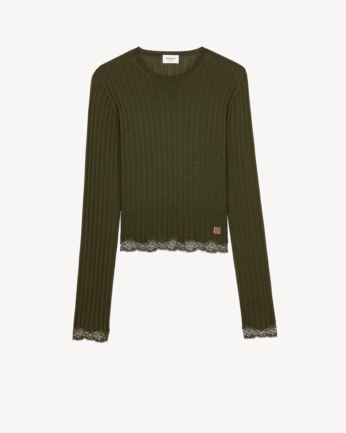 Топ CASSANDRE на шнуровке из ребристой шерсти кашемира и шелка SAINT LAURENT, зеленый