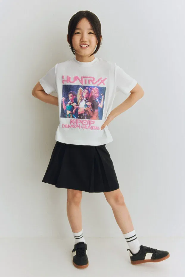 Детская футболка с принтом Print motif and cotton t-shirt H&M, White/K-pop Demon Hunters