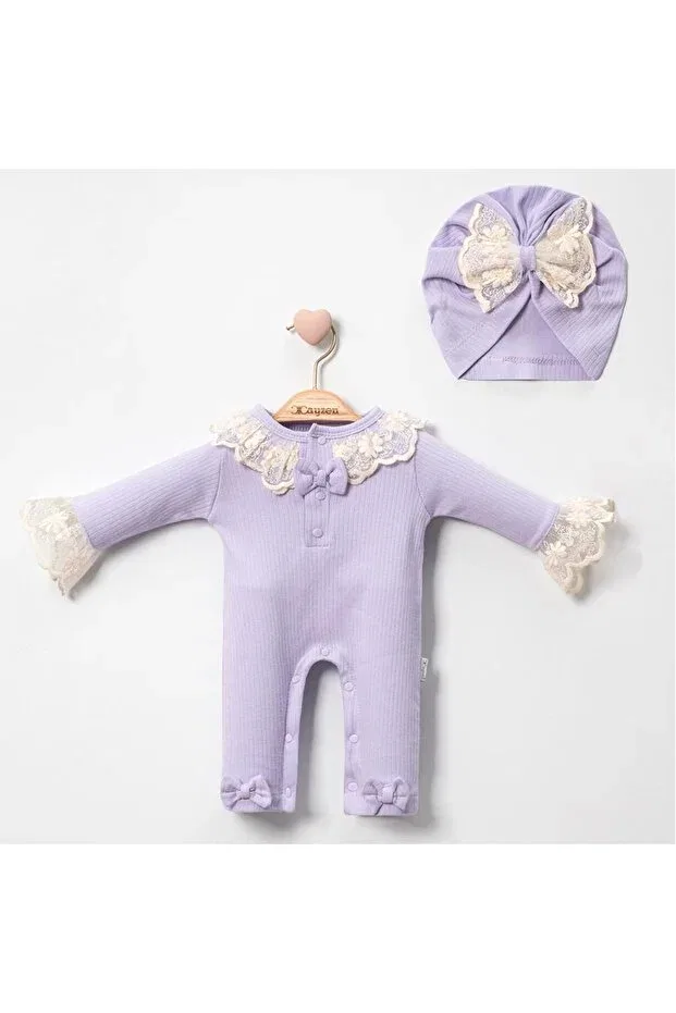 Детский комплект комбинезонов с кружевным чепчиком Yukobaby Bebeğiniz Için En Doğalı, Lila