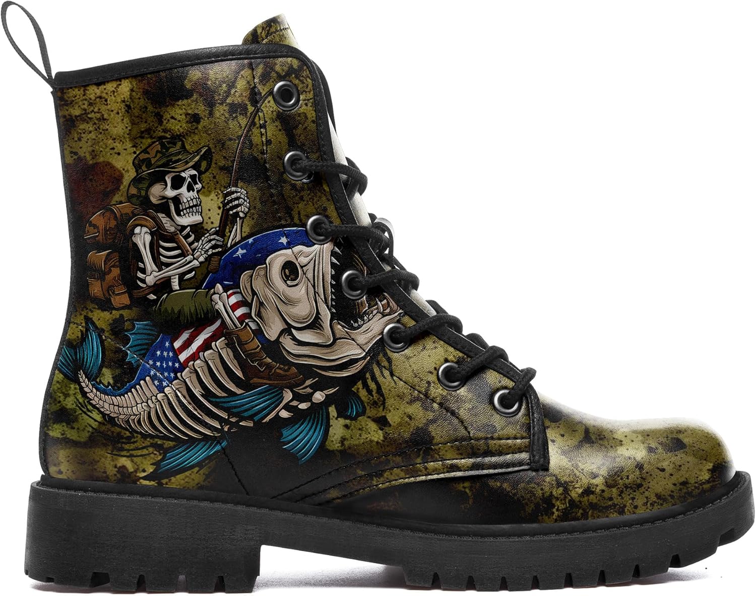 

Унисекс готические панк-бутсы с черепом и розой, кожаные ботильоны на шнуровке для косплея, походов, мотоцикла и повседневной носки AWSOLE, Green Fish Black