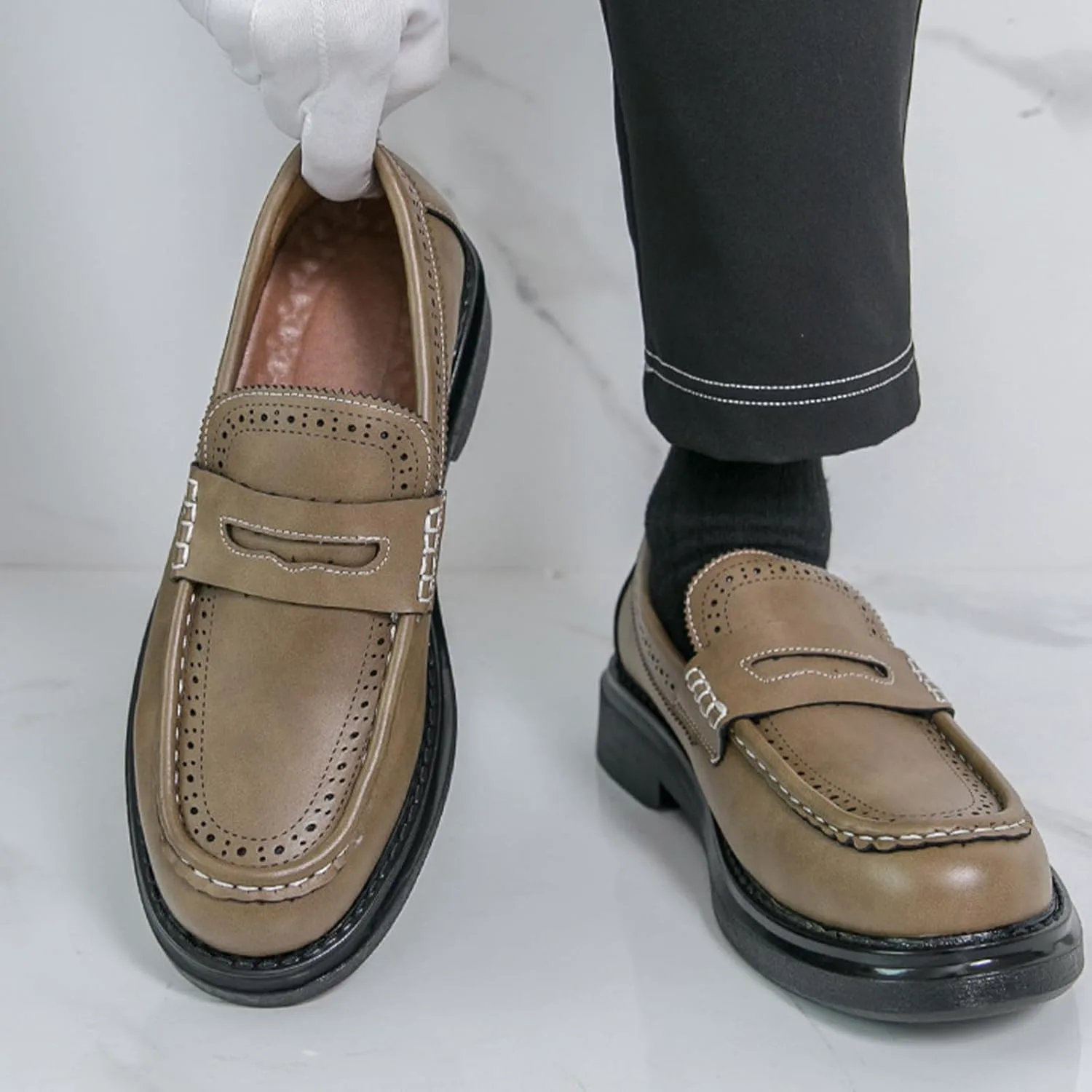Мужские лоферы с квадратным носком Fashion из натуральной кожи, платформенные броги, деловые туфли типа пэнни, удобные, с нескользящей подошвой, низким каблуком, офисные и повседневные лодочные туфли OXNGDMDM, черный — фото 2
