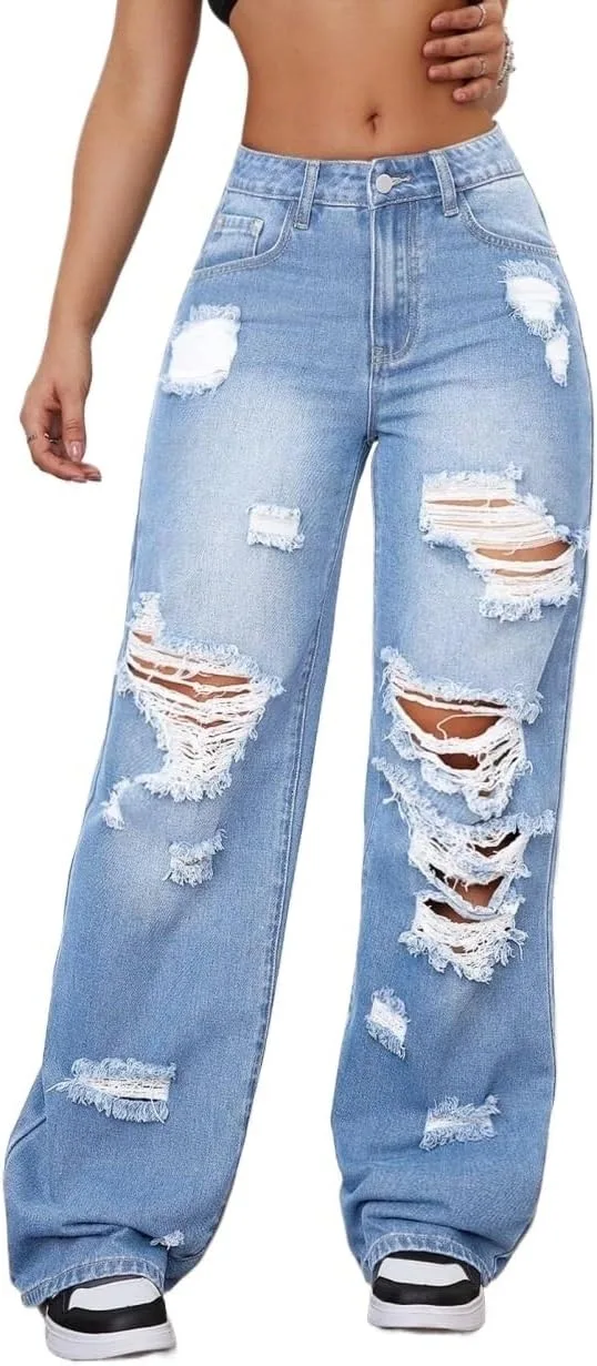 Женские классические джинсы Wide Leg с эффектом потертости Generic, Light Wash