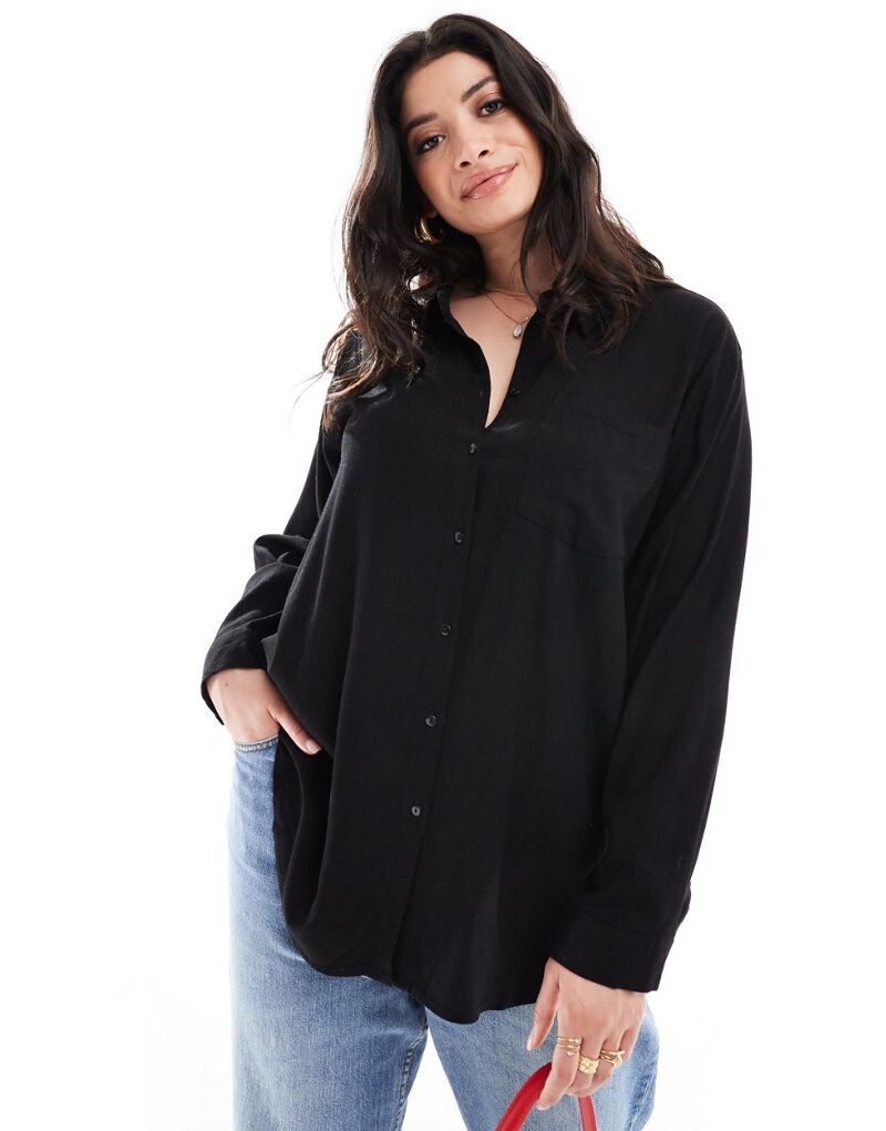 

Vero Moda Curve — черная рубашка из смесового льна с длинными рукавами в тон