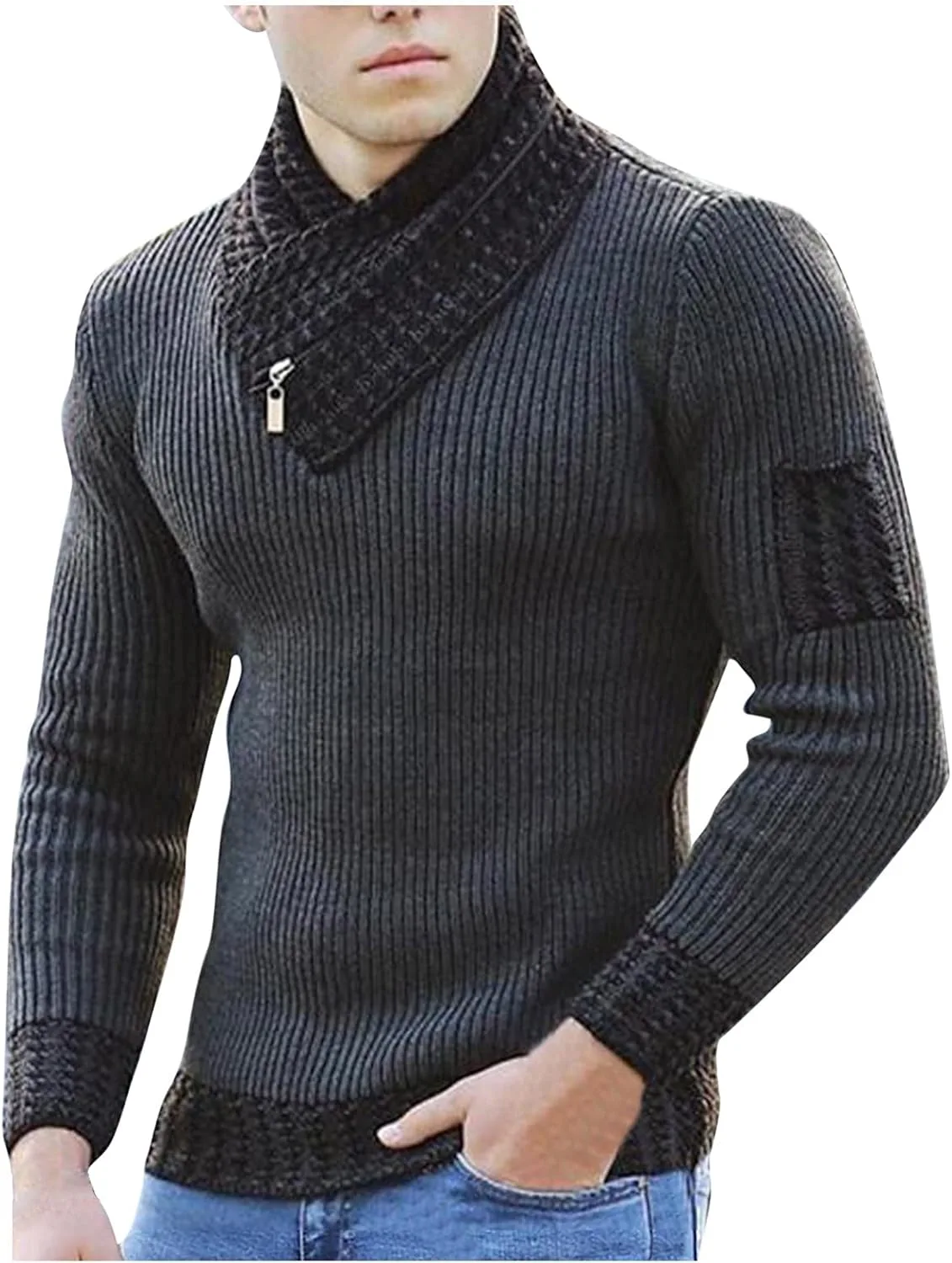 

Свитер мужской вязаный с воротником-хомутом и молнией xoxingysm