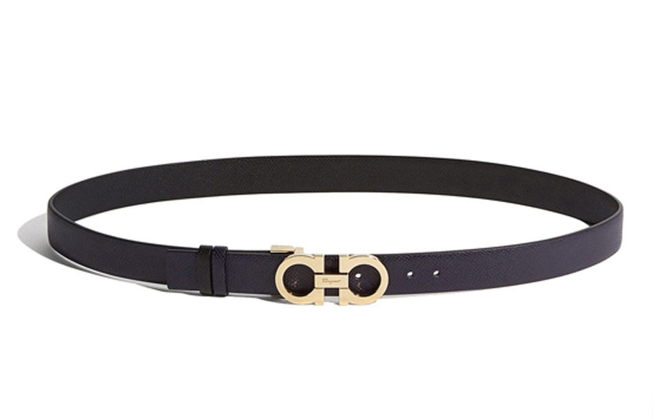 

Двусторонний ремень Ferragamo Double Sided Gold Tone Lock Cross Ribbed из телячьей кожи, сине-черный, ширина 2,5 см унисекс