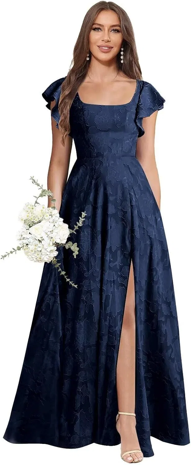 Женское длинное платье с цветочным жаккардом Square Neck, Navy Blue