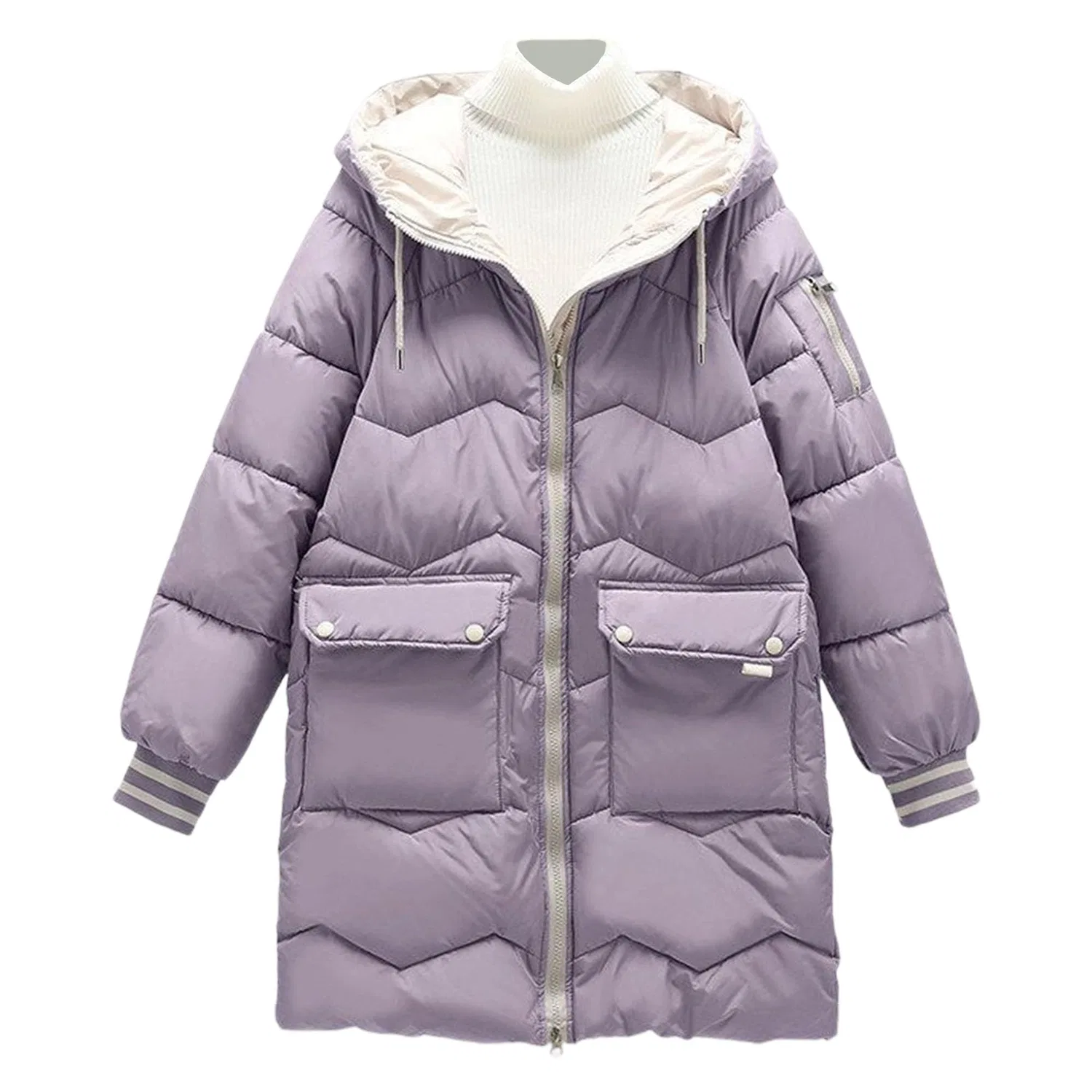 Женское длинное стеганое пальто с капюшоном, purple