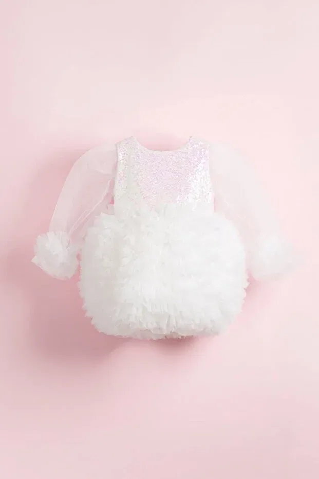 Детское платье для девочек с пайетками Luna Long Tulle Sleeves Puffy Tulle Tutu Girls' Dress Banamio, White