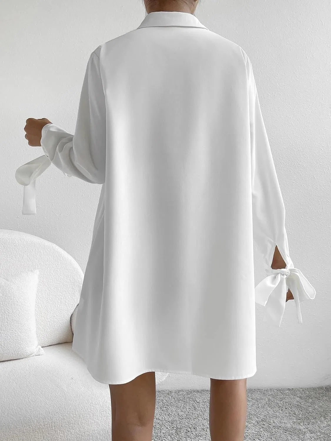 Женское мини-платье-рубашка с длинным рукавом Casual, White — фото 3