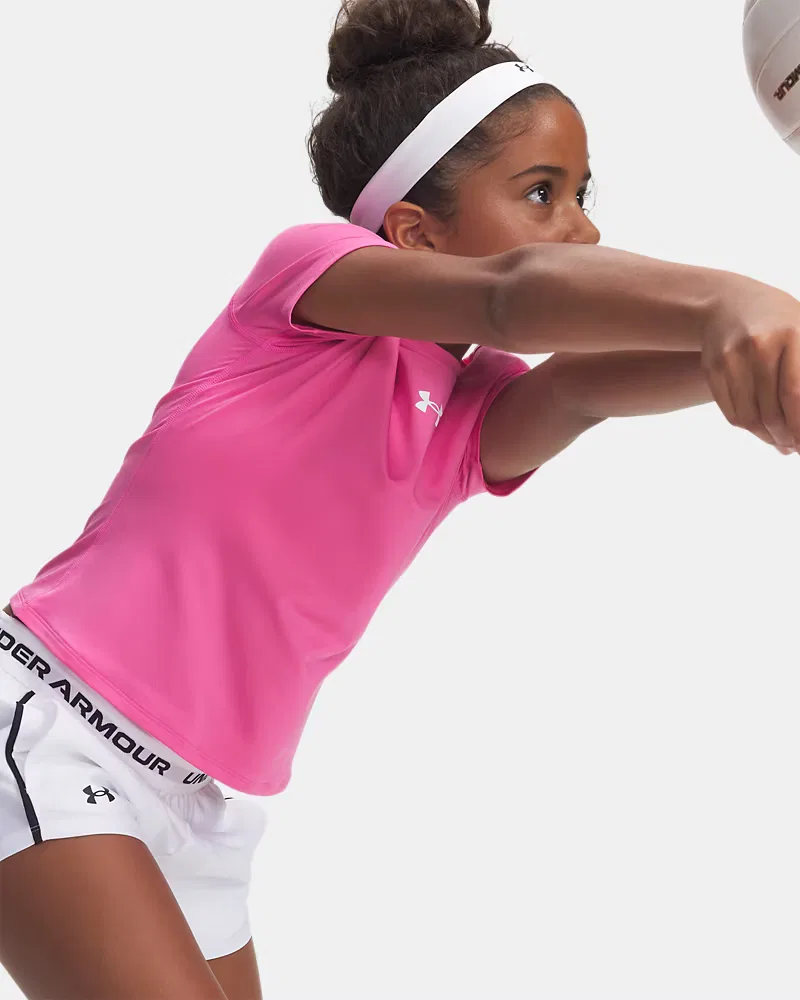 Футболка с коротким рукавом для девочек влагоотводящая HeatGear UnderArmour, Pink Frenzy/White — фото 3