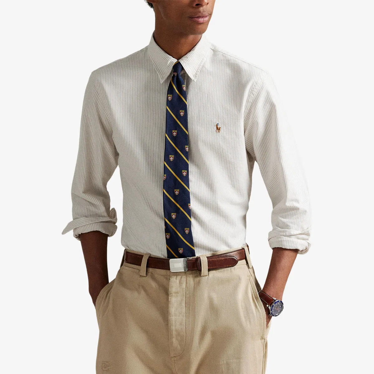 Рубашка-оксфорд из хлопка в полоску Polo Ralph Lauren, бежевый/белый — фото 3