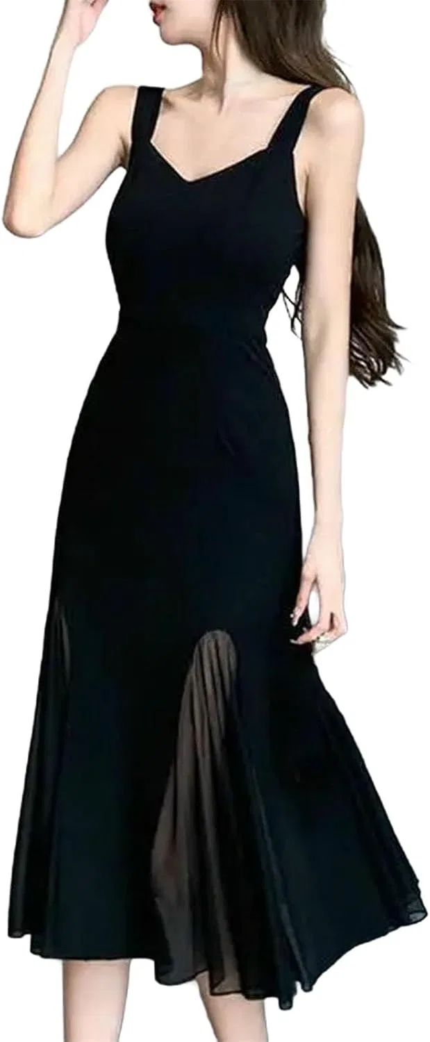 Женское коктейльное платье миди Splicing Mesh Slip, Black