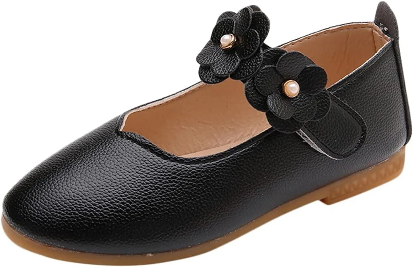 Детские балетки для девочек с цветочным принтом Flower Girl Non-Slip Soft Slip On Princess Dress Shoes, Black