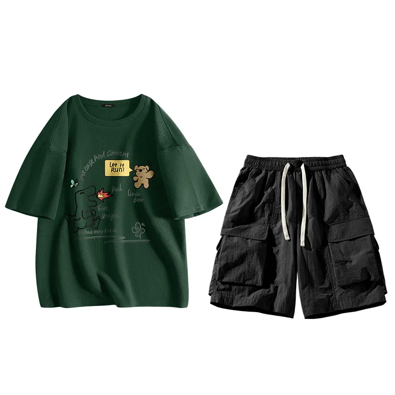 Детский комплект из двух футболок MINISO, Цвет Forest Green (Hand-Drawn Line)+Black