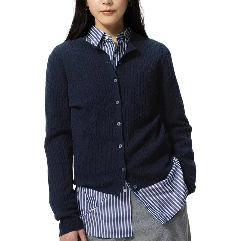 Вязаный джемпер UNIQLO с круглым вырезом, Navy Blue — фото 3