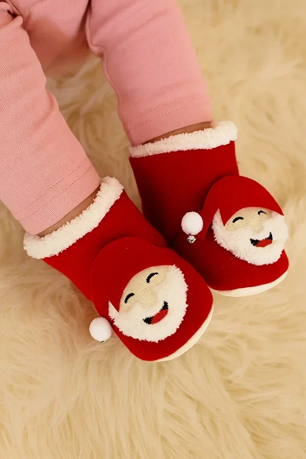 Детские новогодние пинетки с погремушкой Santa Claus Embossed Rattle, Bilge Trend, Красный
