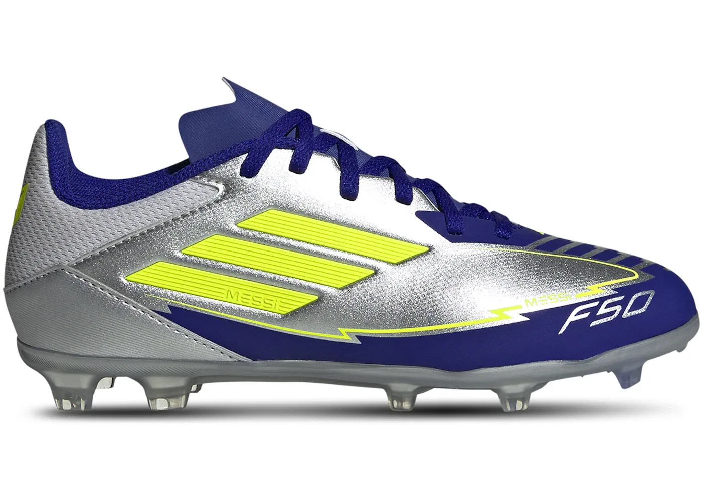 Детские бутсы с фиксированной/многозонной подошвой Adidas F50 League FG/MG Messi Player Pack 1, Silver Metallic/Solar Yellow/Lucid Blue