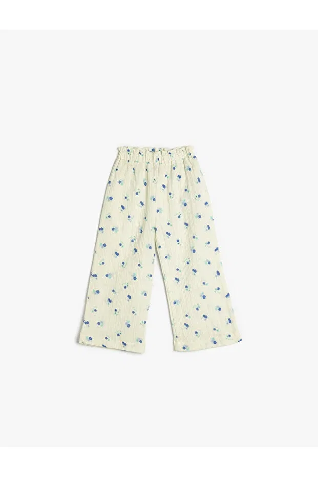 Детские брюки для девочек с принтом Floral Trousers Wide Leg Elastic Waist Cotton Koton, Blue Patterned
