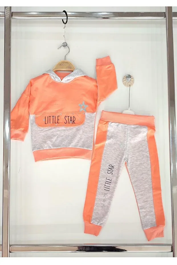 Детский спортивный костюм с принтом Salmon color little star written hooded 2 piece children's tracksuit set Dubi Baby, Salmon