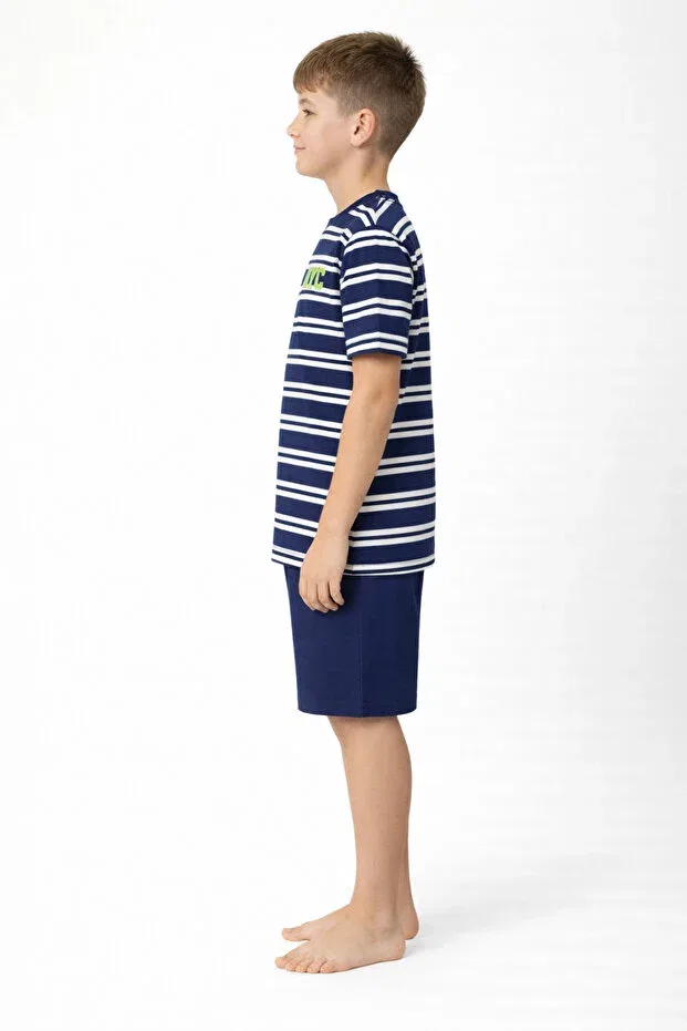 Детский комплект пижамы для мальчиков с полосками Boy'S Striped Waiter Boy Organic Cotton Shorts Pajama Set Cirilo, Navy Blue — фото 2